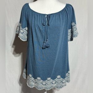 Adrianna Papell Blue and White Flutter Sleeve Blouse Size Large